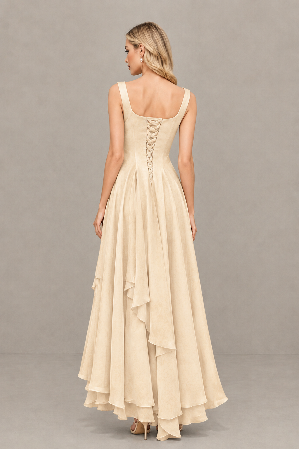 BOLODOO Champagne Square Neck Chiffon Bridesmaid Dress with Lace-Up Back - Champagne