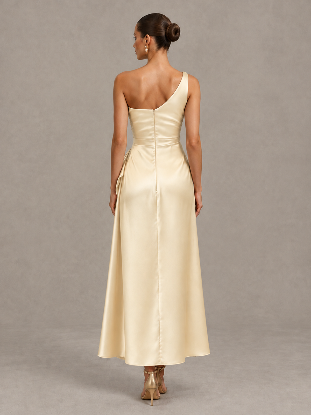 BOLODOO Champagne One Shoulder Satin Cocktail Dress with Draped A-Line Skirt - Champagne - Champagne_2