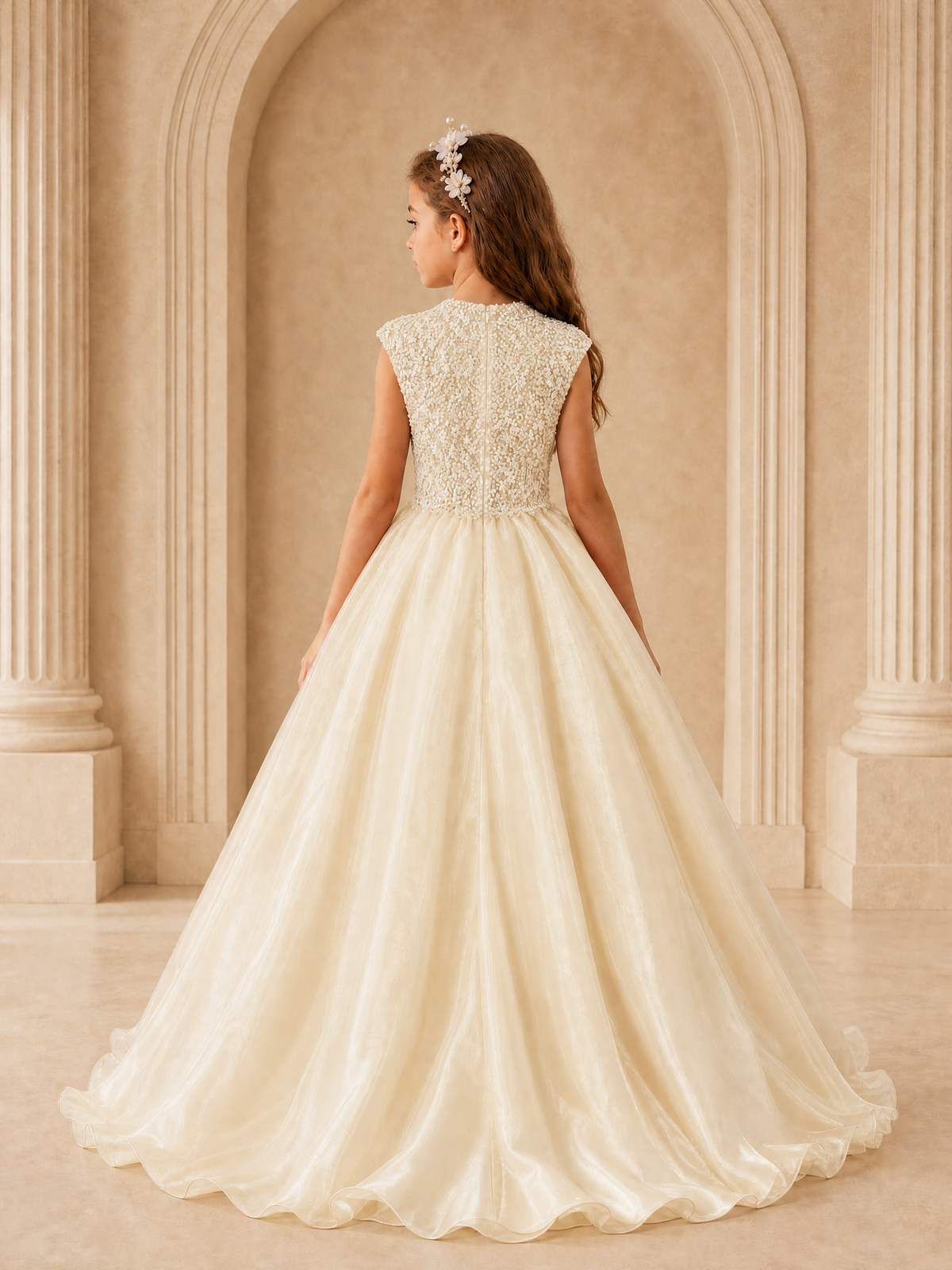 BOLODOO Champagne Sequin Tulle Flower Girl Dress with Cap Sleeves - Champagne - Champagne_2