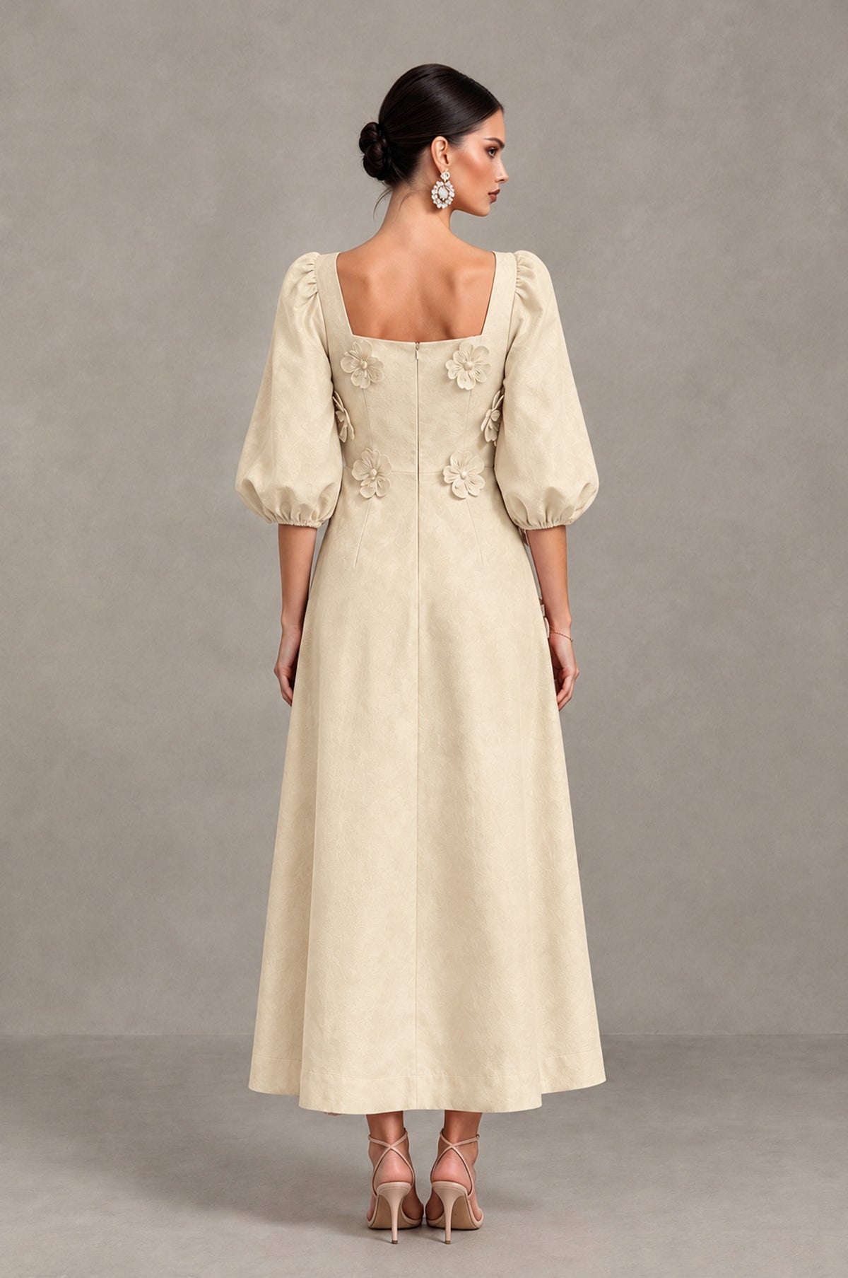 BOLODOO Champagne 3D Floral Puff Sleeve Midi Cocktail Dress - Champagne - Champagne_2