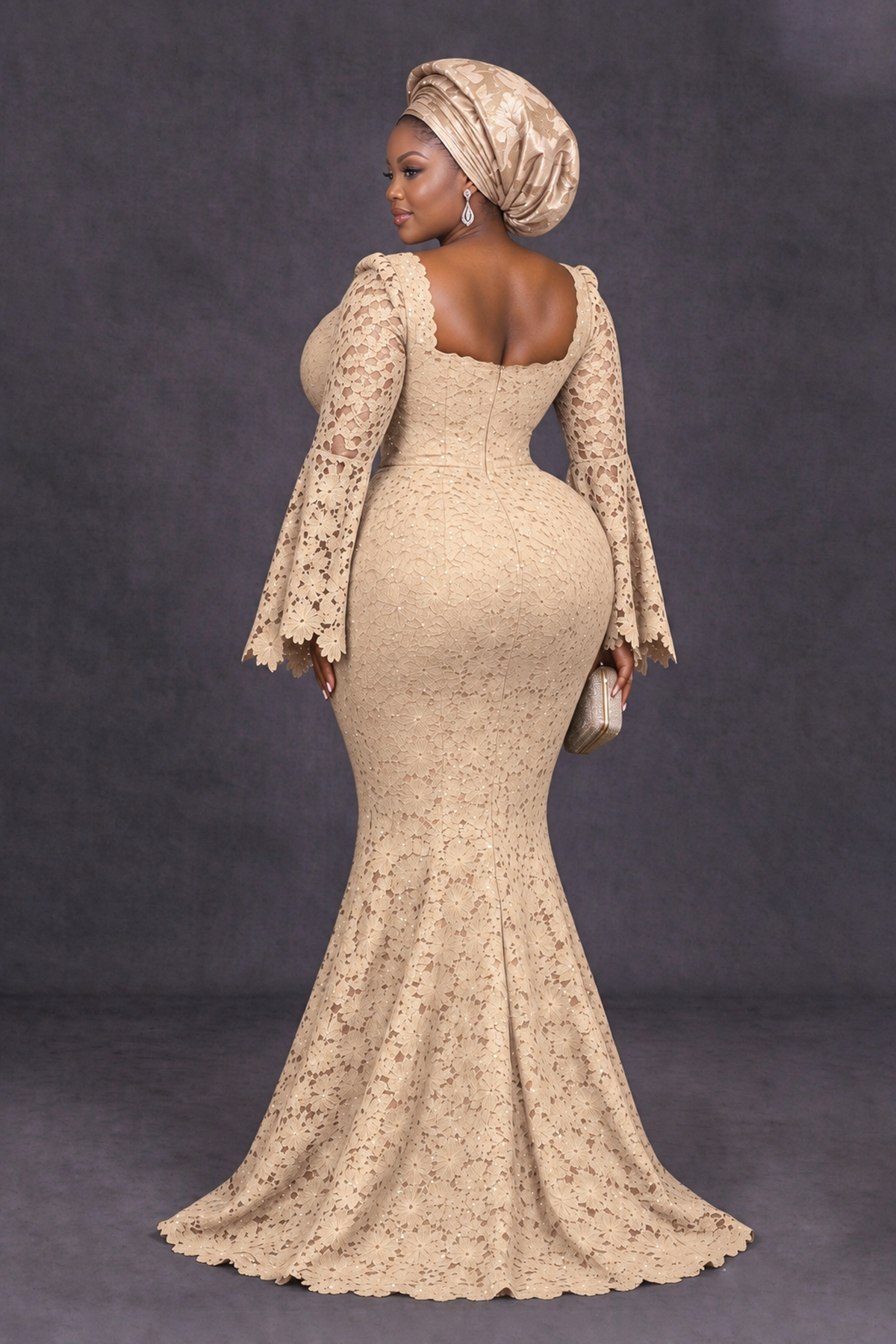 BOLODOO Champagne African Lace Mermaid Dress, Plus Size Nigerian Wedding Guest Gown with Bell Sleeves - Champagne - Champagne_2