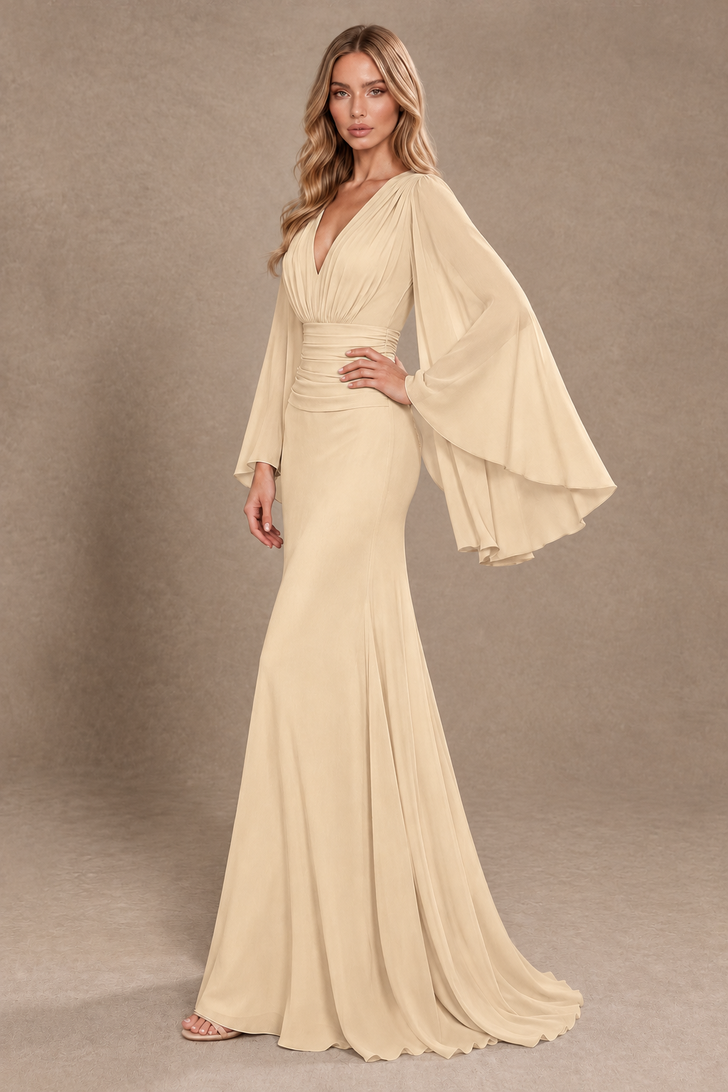 BOLODOO Champagne Cape Sleeve V-Neck Ruched Chiffon Evening Dress - Champagne - Champagne_2