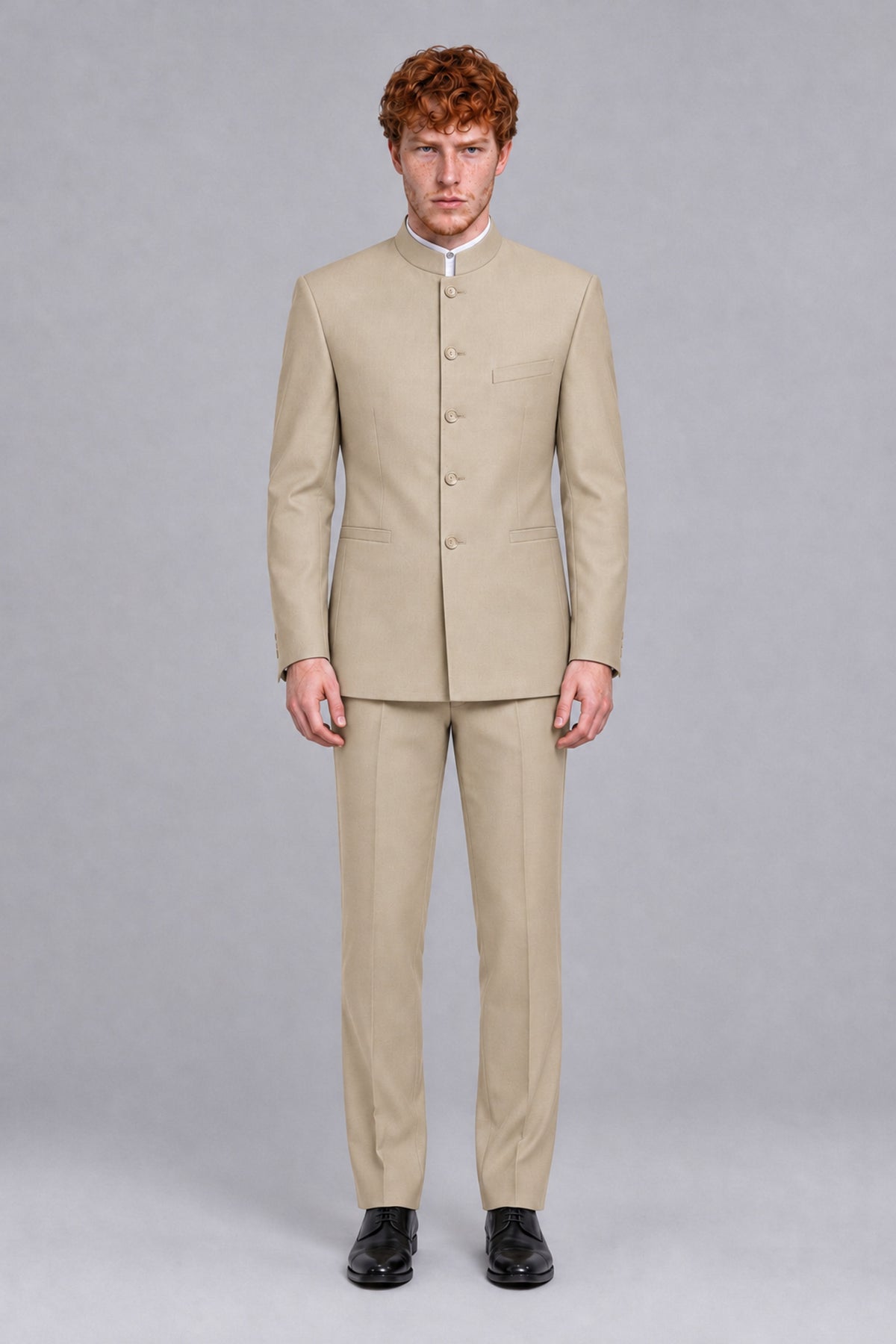 BOLODOO Men's Champagne Mandarin Collar Two-Piece Suit - Champagne - Champagne_2