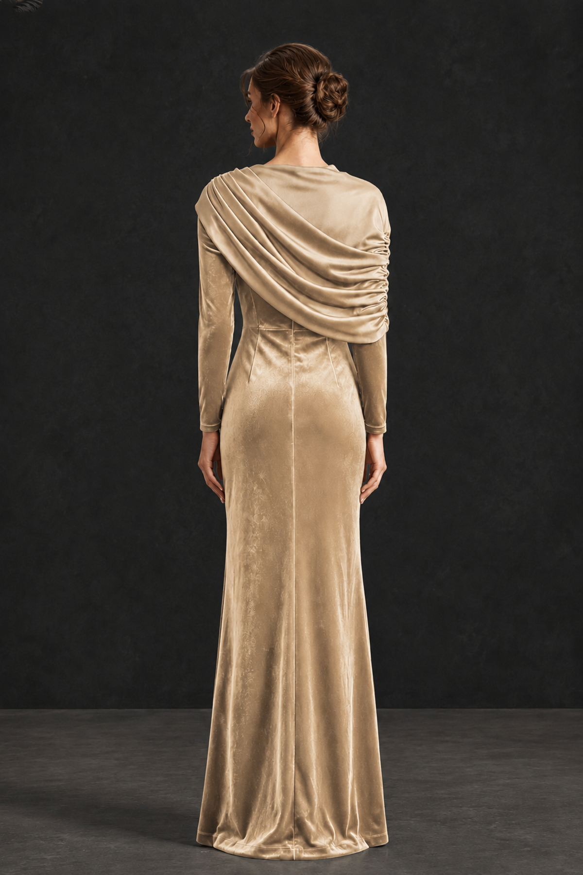 BOLODOO Champagne Velvet Long Sleeve Draped Mother of the Bride Dress - Champagne - Champagne_2