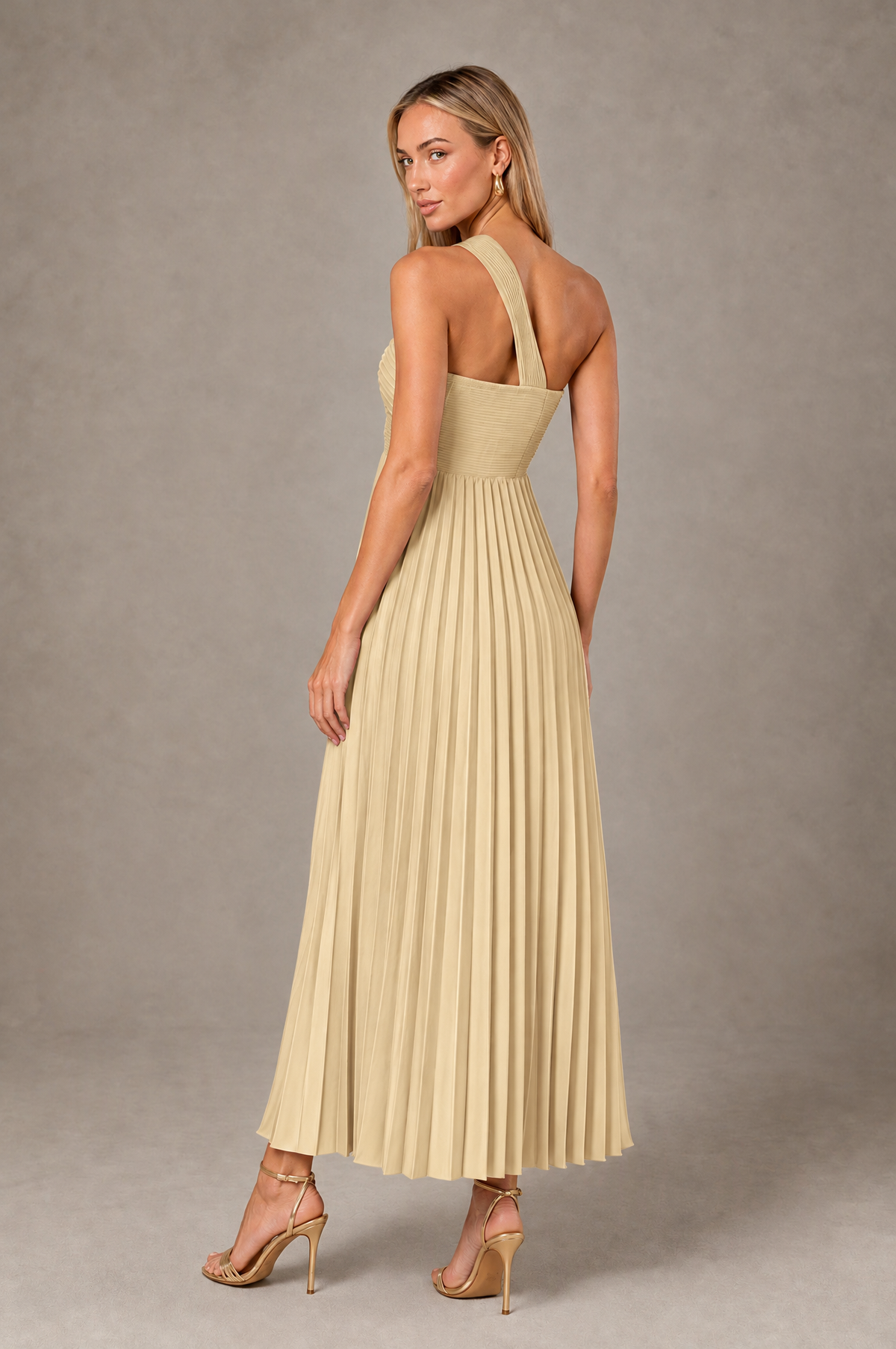 BOLODOO Champagne One-Shoulder Twist Knot Pleated Satin Midi Dress with Cutout - Champagne - Champagne_2