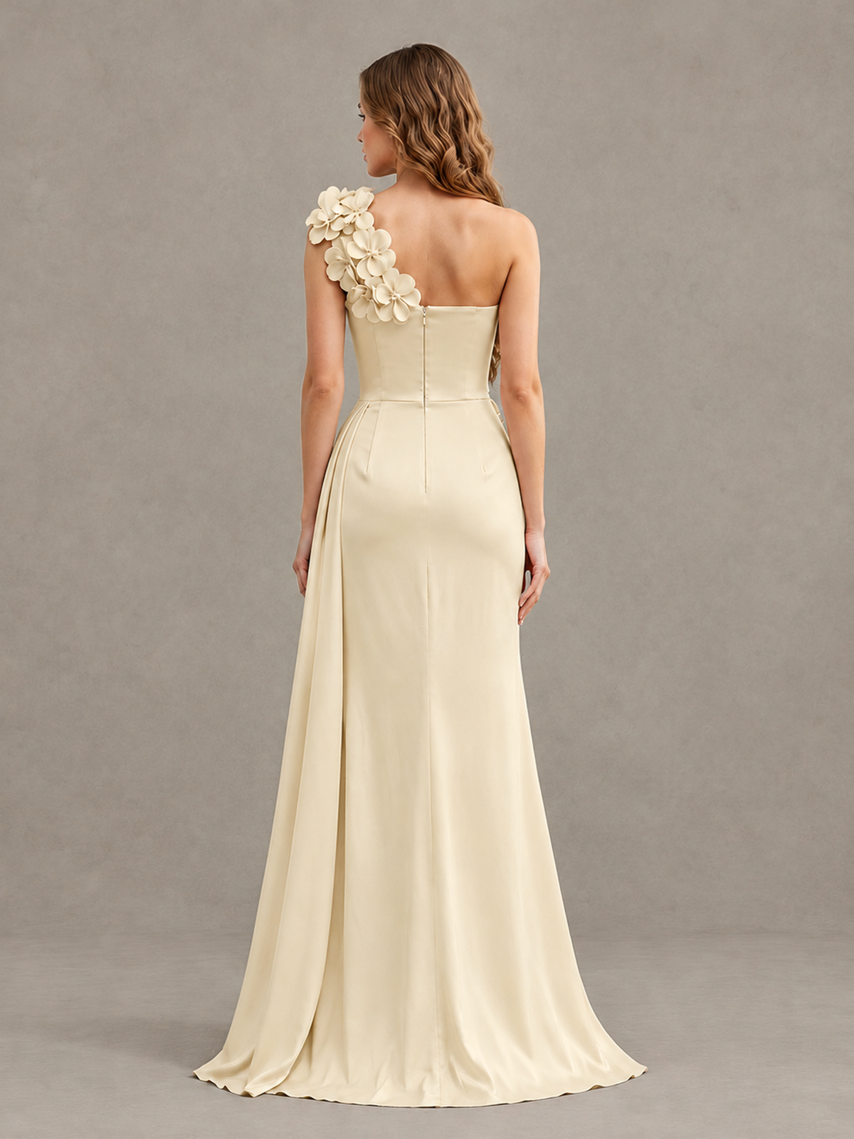BOLODOO Champagne One-Shoulder Satin Mermaid Evening Gown with 3D Floral Appliqué - Champagne - Champagne_2