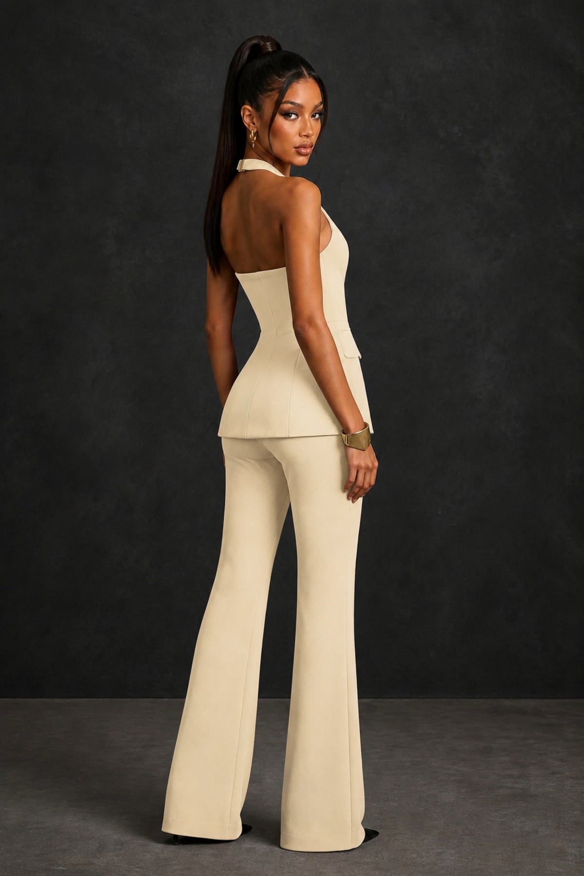 BOLODOO Champagne Halter Neck Deep V Open Back– Formal Suit with Wide-Leg Pants - Champagne