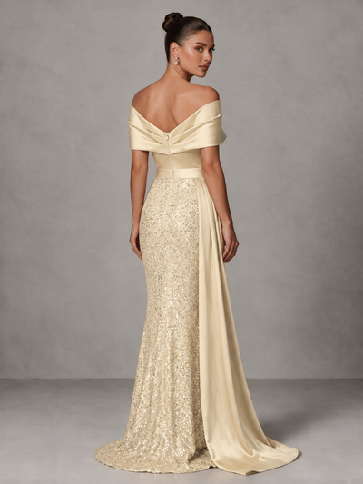 BOLODOO Champagne Sequin Mermaid Evening Dress with Off-Shoulder Satin Drape and Sweep Train - Champagne - Champagne_2