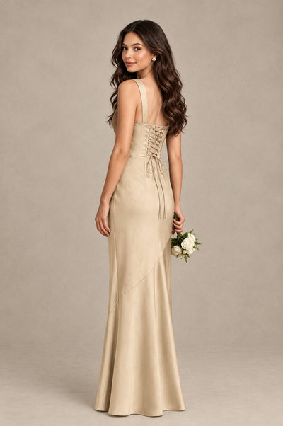 BOLODOO Champagne Square Neck Ruched Satin Lace-Up Bridesmaid Dress - Champagne - Champagne_2