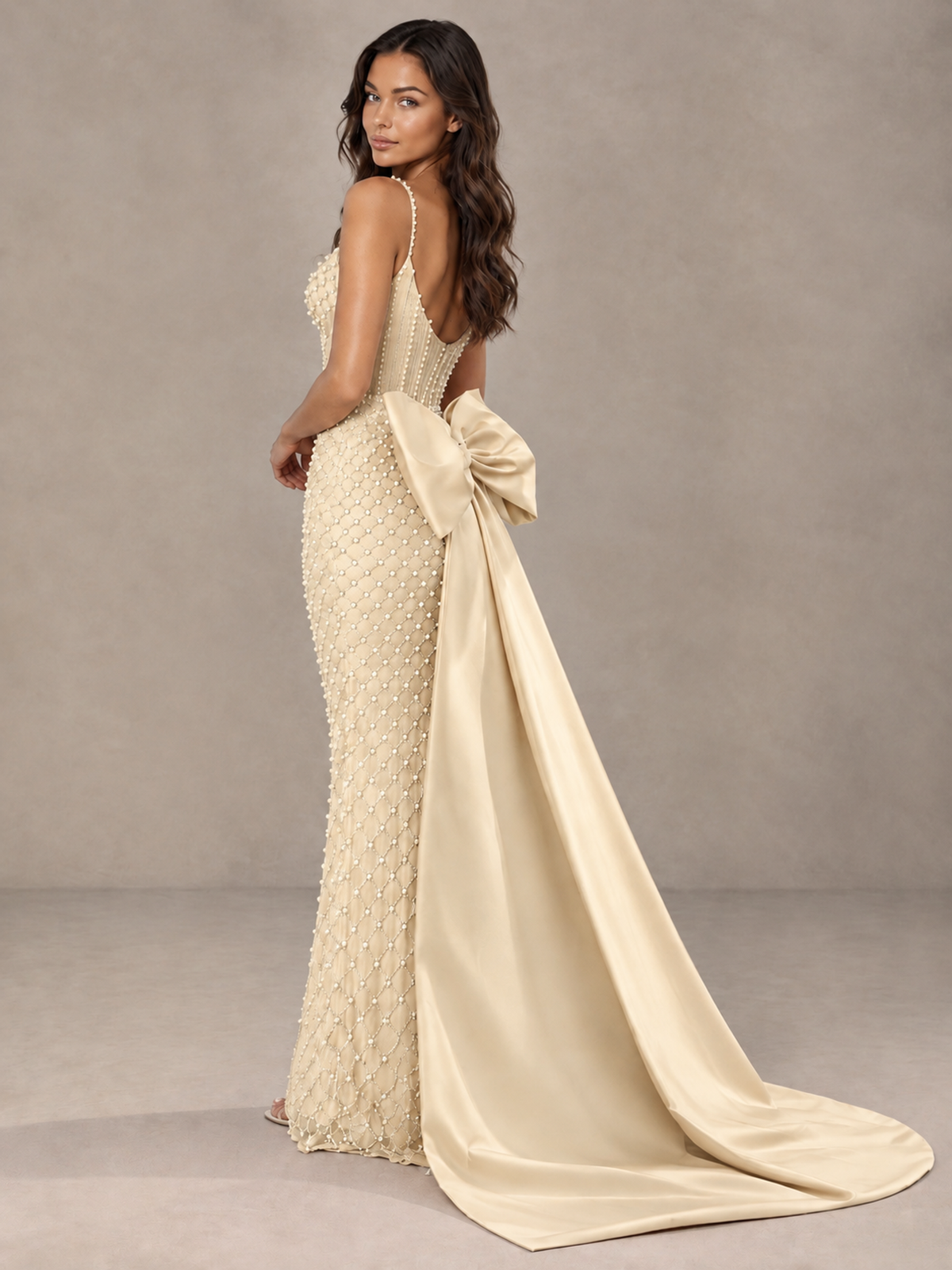 BOLODOO Champagne Beaded Corset Prom Dress with Bow Train - Champagne - Champagne_2