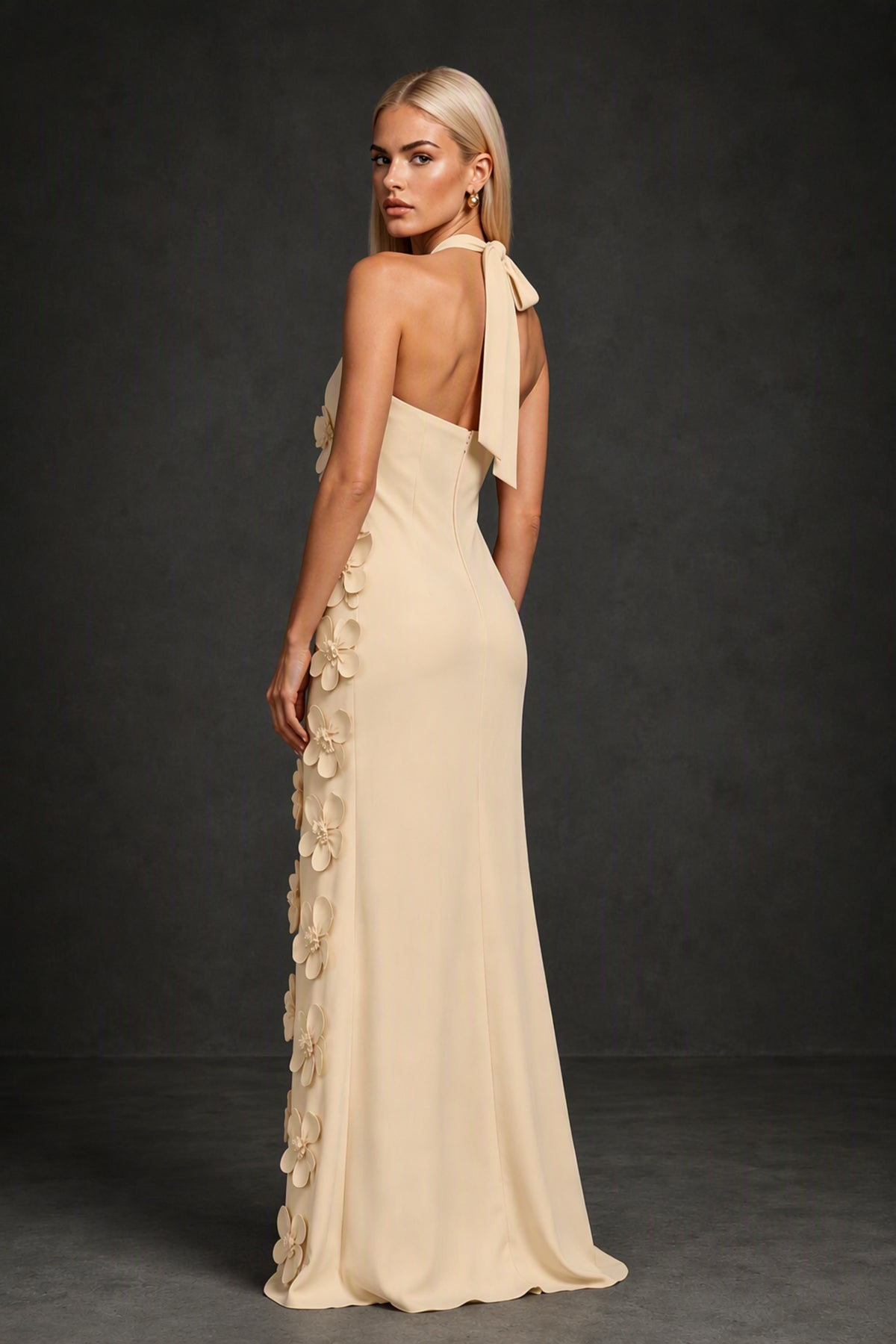 BOLODOO Champagne Cross Halter Neck 3D Floral Appliqué Backless Mermaid Maxi Gown - Champagne