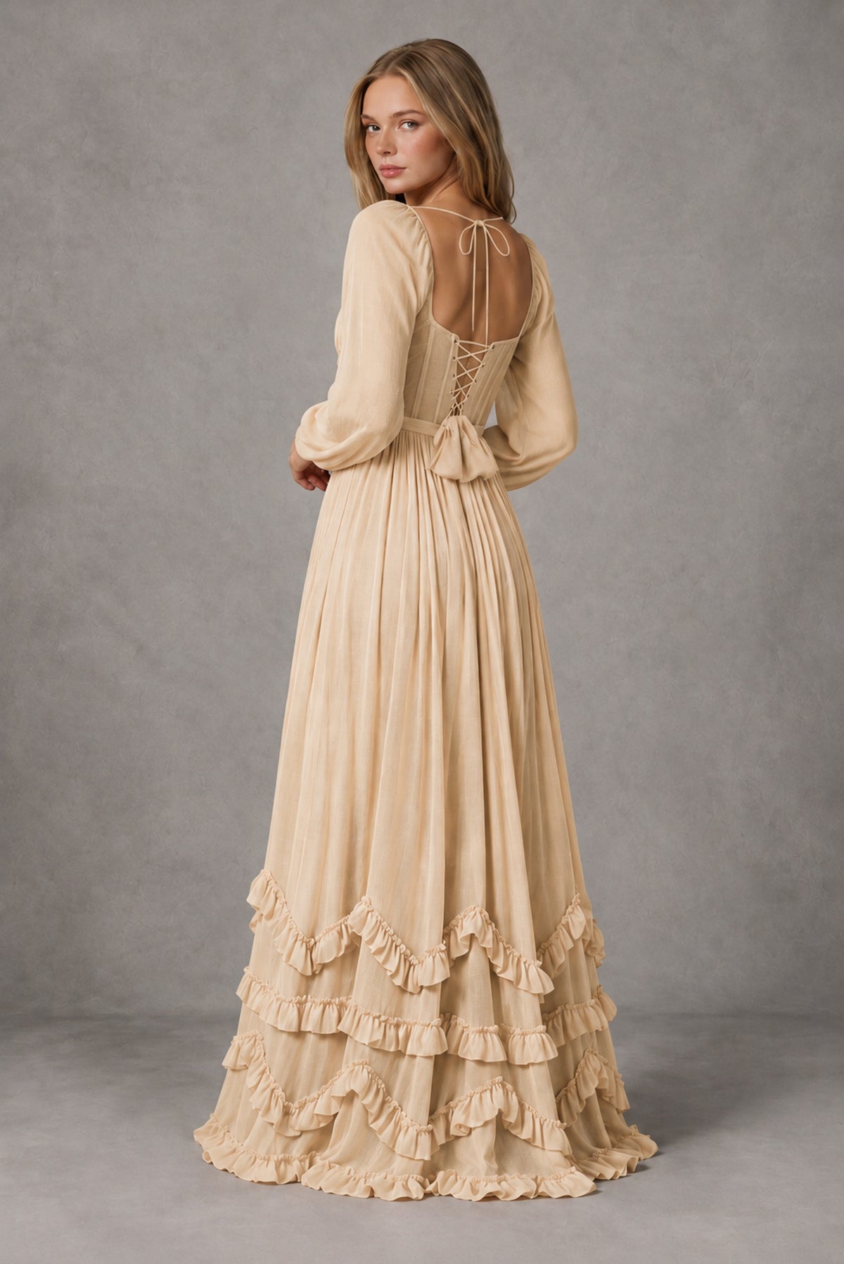 Champagne Long-Sleeve Ruffle Maxi Dress with Lace-Up Back and Slit - Champagne