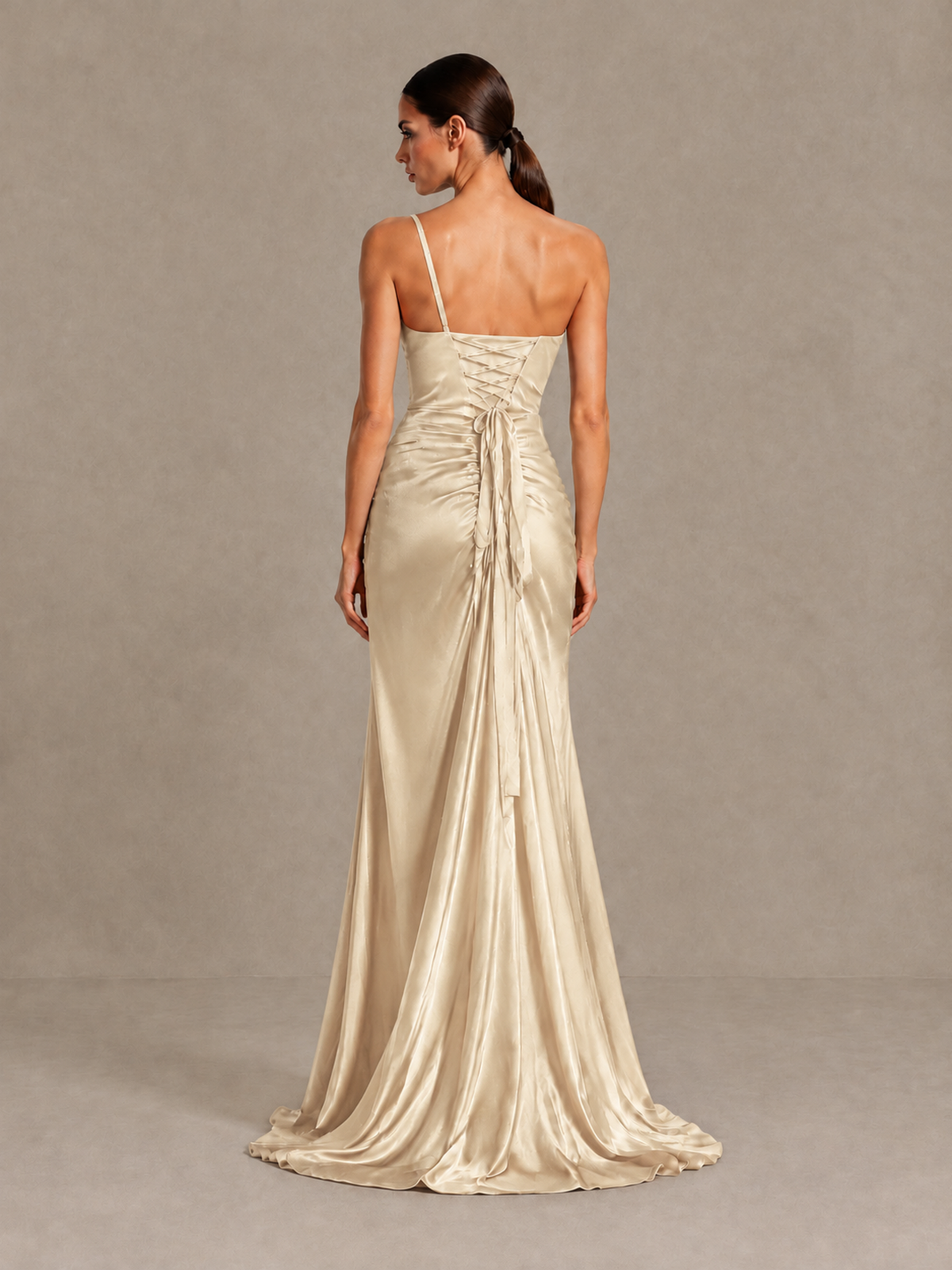 BOLODOO Champagne One Shoulder Satin Evening Gown with High Slit and Sweep Train - Champagne - Champagne_2