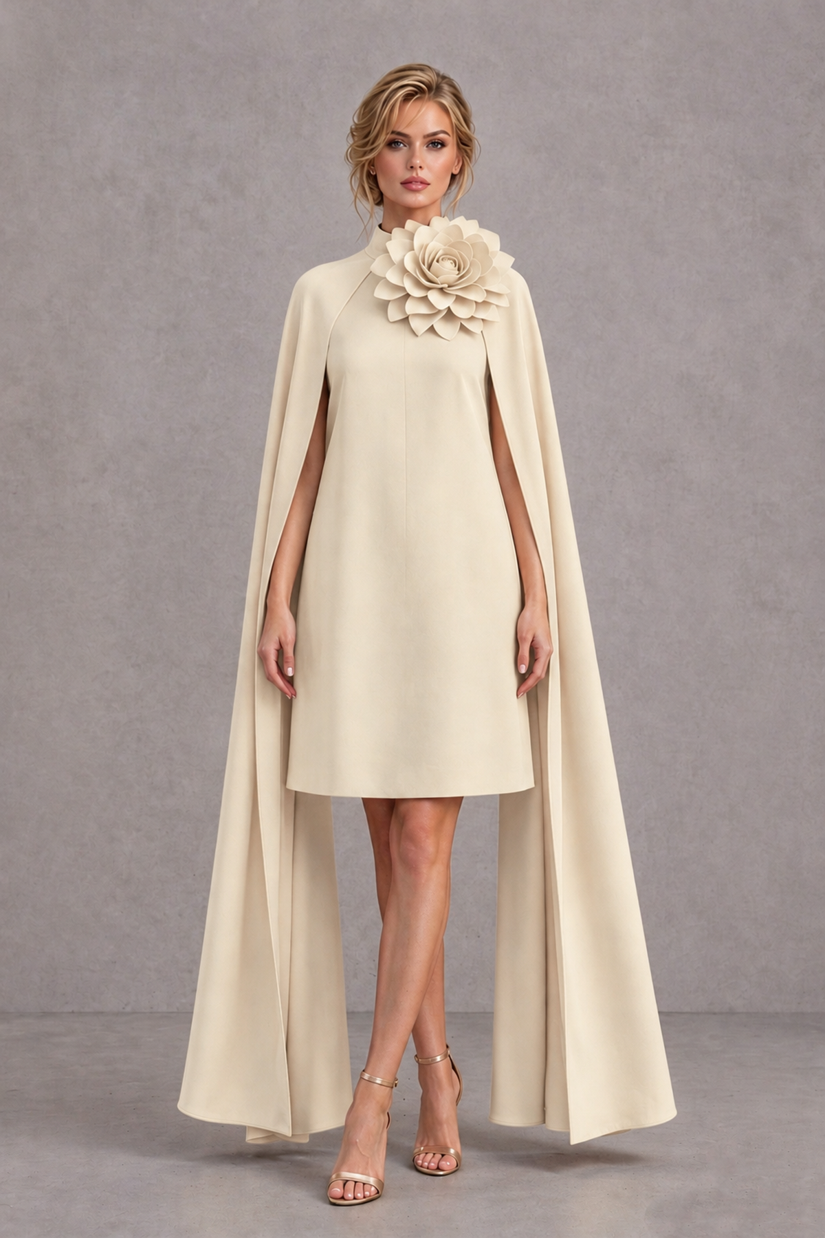 BOLODOO Champagne High Neck Floral Cape Mini Cocktail Dress - Champagne - Champagne_2