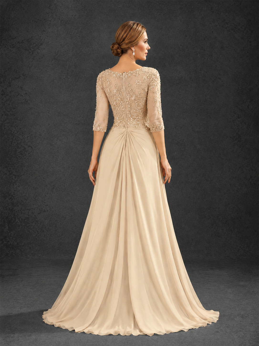 BOLODOO Champagne Sweetheart Neck 3/4 Sleeve Floral Lace Illusion Bodice Chiffon A-Line Gown - Champagne