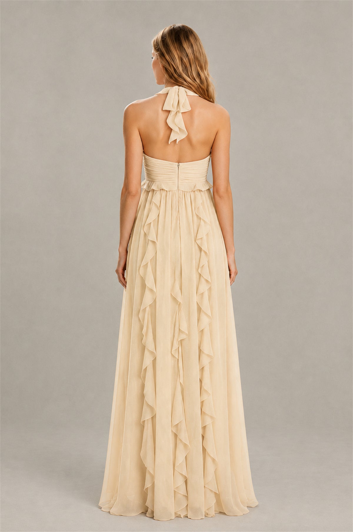 BOLODOO Champagne Halter Ruffle A-Line Floor-Length Evening Dress - Champagne - Champagne_2