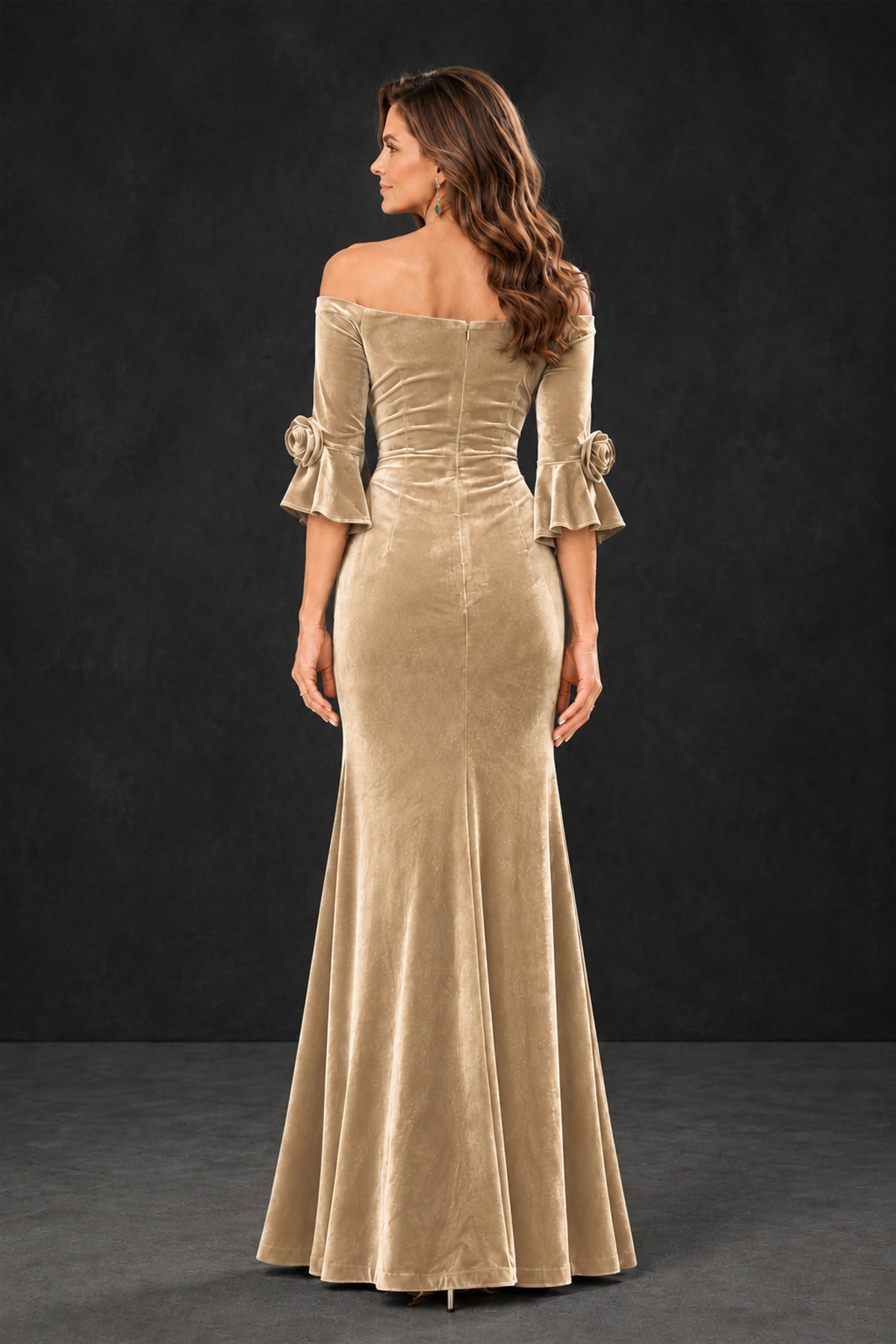 BOLODOO Champagne Velvet Mother of the Bride Dress with Rosette Sleeves - Champagne - Champagne_2