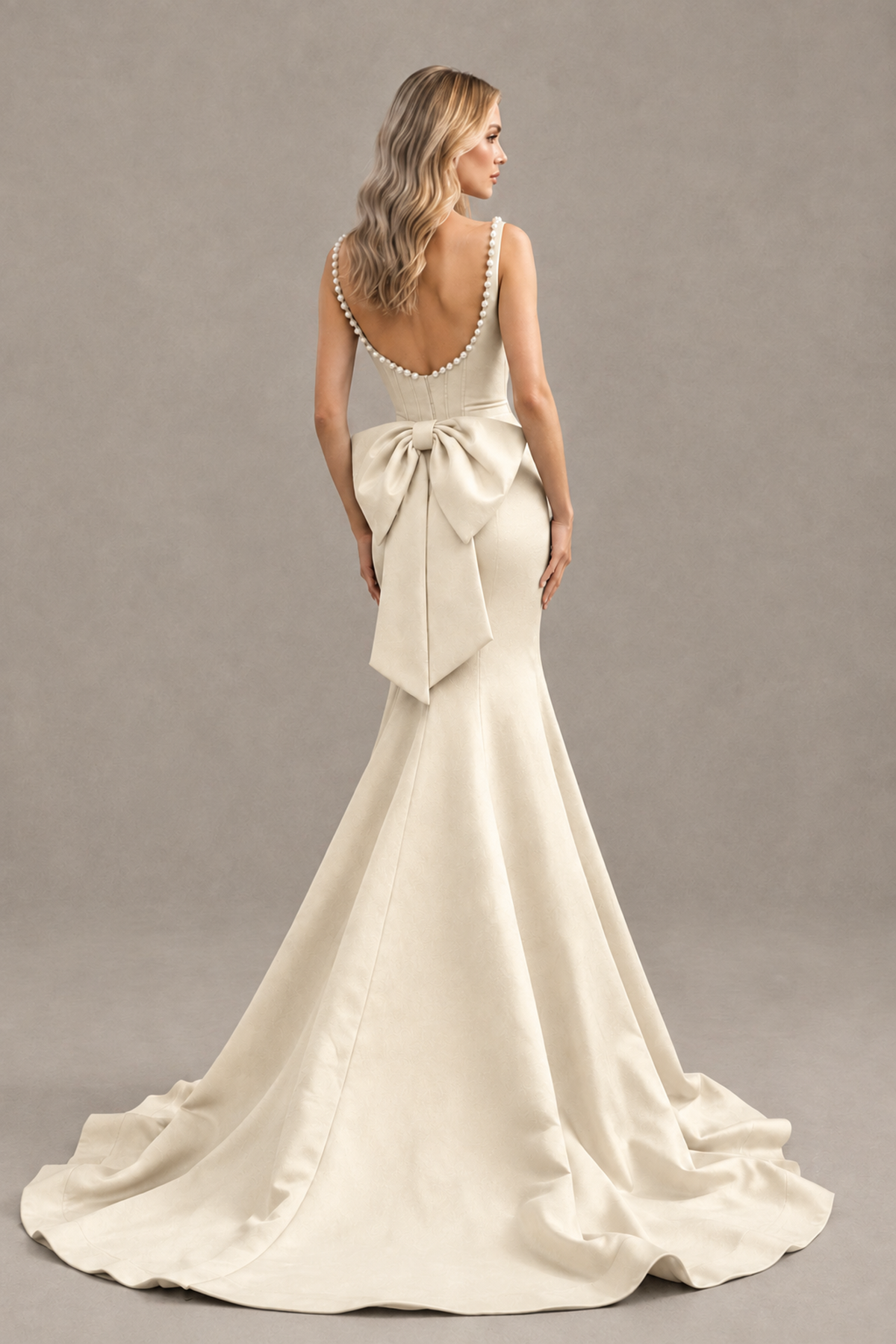 BOLODOO Champagne Pearl-Trim Mermaid Prom Dress with Back Bow - Champagne - Champagne_2