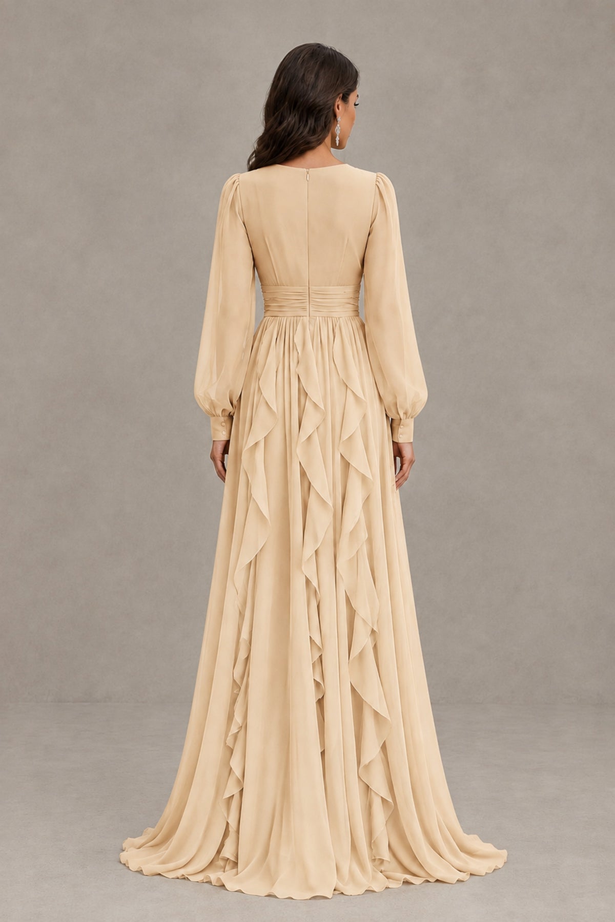 BOLODOO Champagne Long Sleeve V-Neck Ruffle Maxi Dress - Champagne