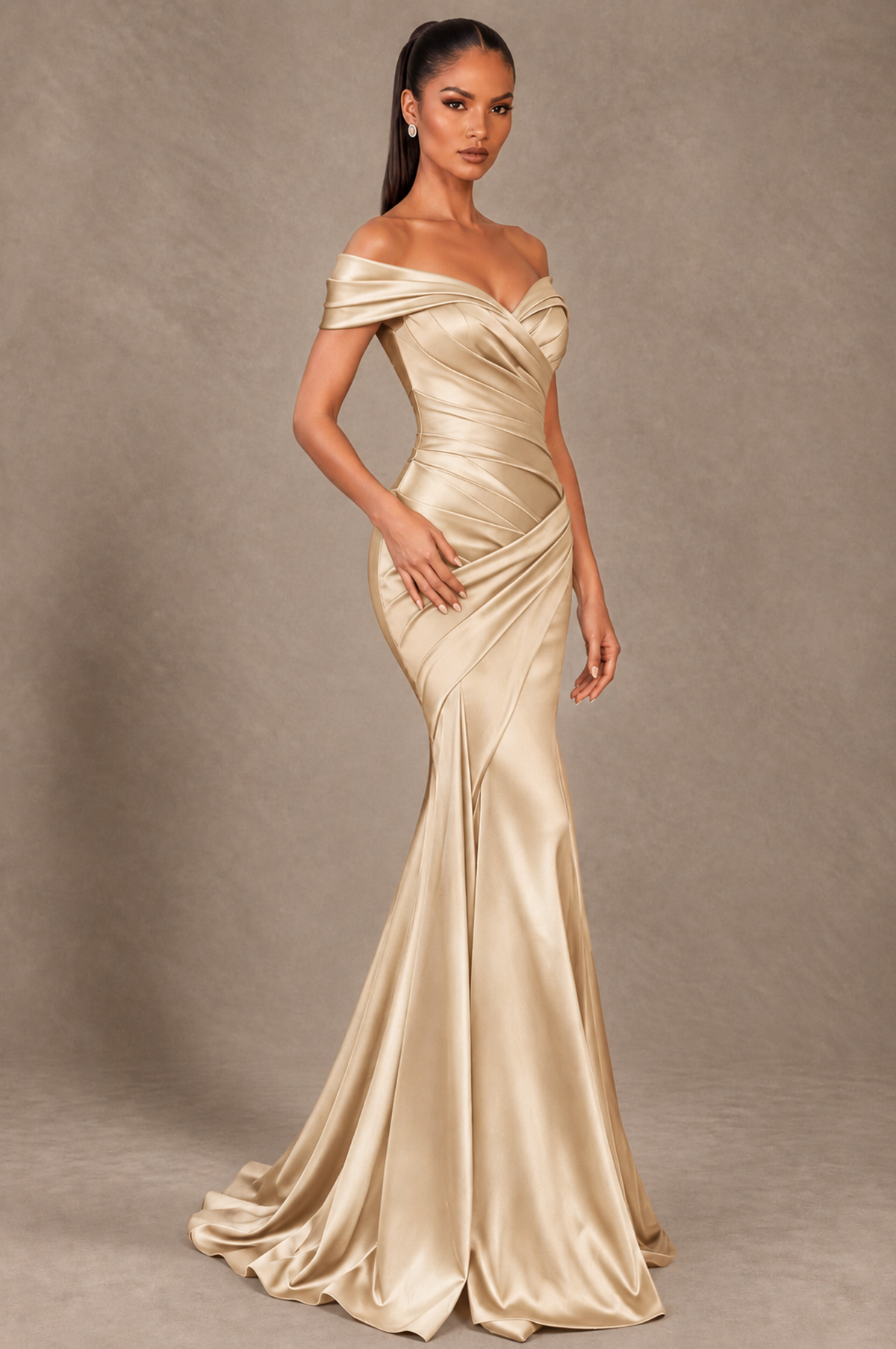 BOLODOO Champagne Off-the-Shoulder Ruched Satin Mermaid Evening Dress - Champagne - Champagne_2