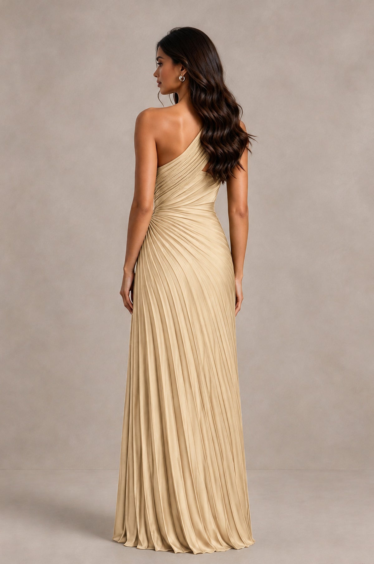 BOLODOO Champagne One Shoulder Pleated Evening Dress with Ruched Waist and High Slit - Champagne - Champagne_2