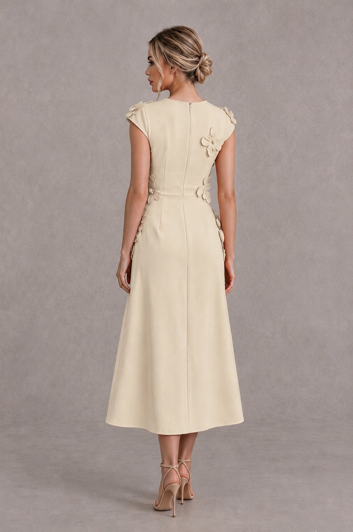 BOLODOO Champagne 3D Floral Cap Sleeve Midi Cocktail Dress - Champagne - Champagne_2