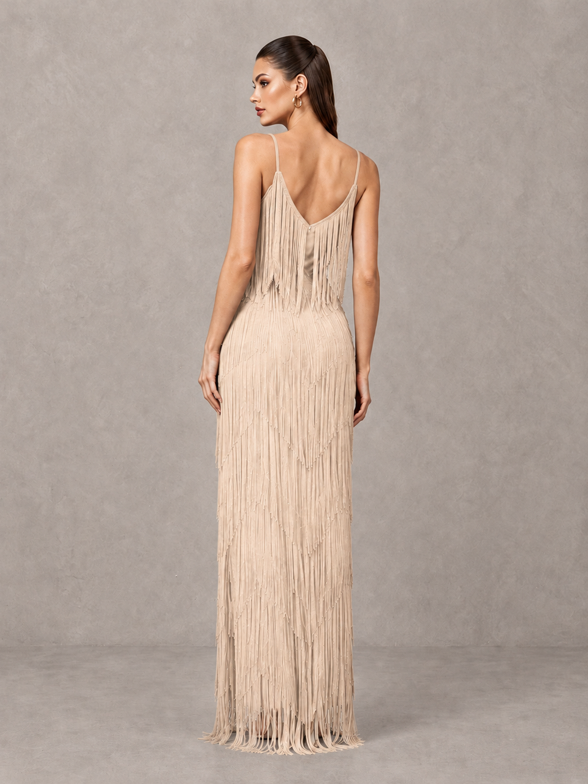 BOLODOO Champagne V-Neck Spaghetti Strap Fringe Maxi Evening Dress - Champagne - Champagne_2
