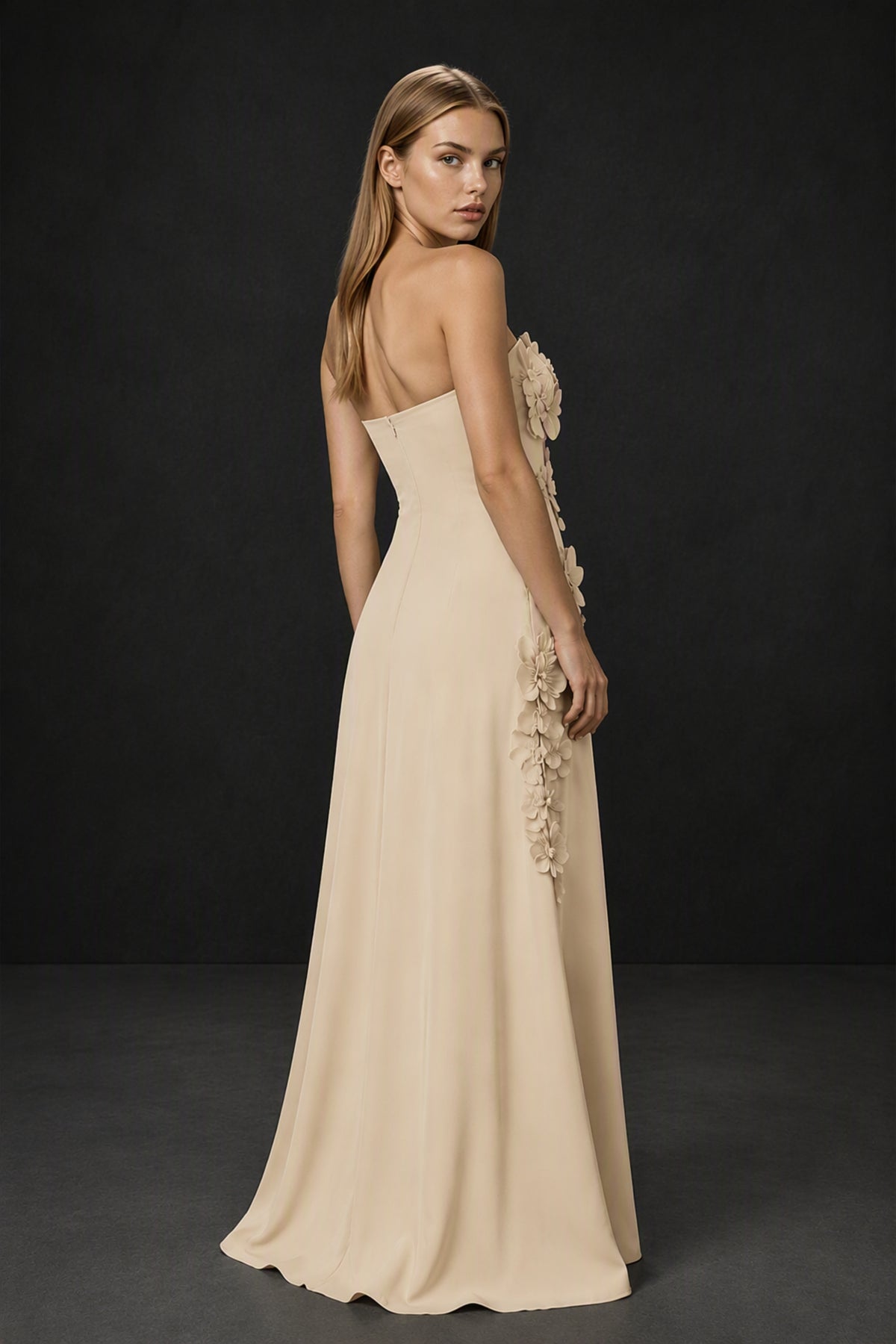 BOLODOO Champagne Strapless 3D Floral Appliqué Crepe Mermaid Maxi Gown - Champagne