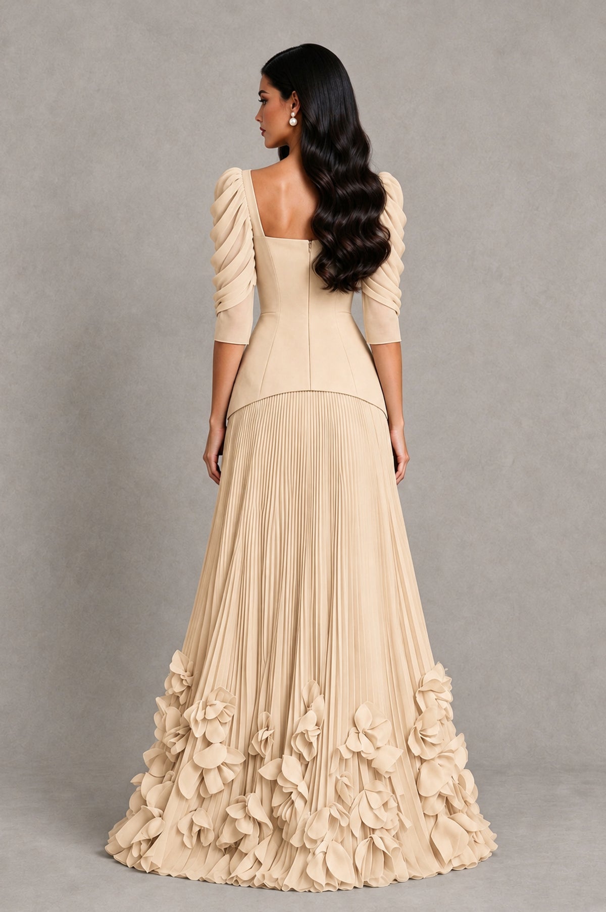 BOLODOO Champagne Square Neck Pleated Floral Applique Evening Dress - Champagne - Champagne_2