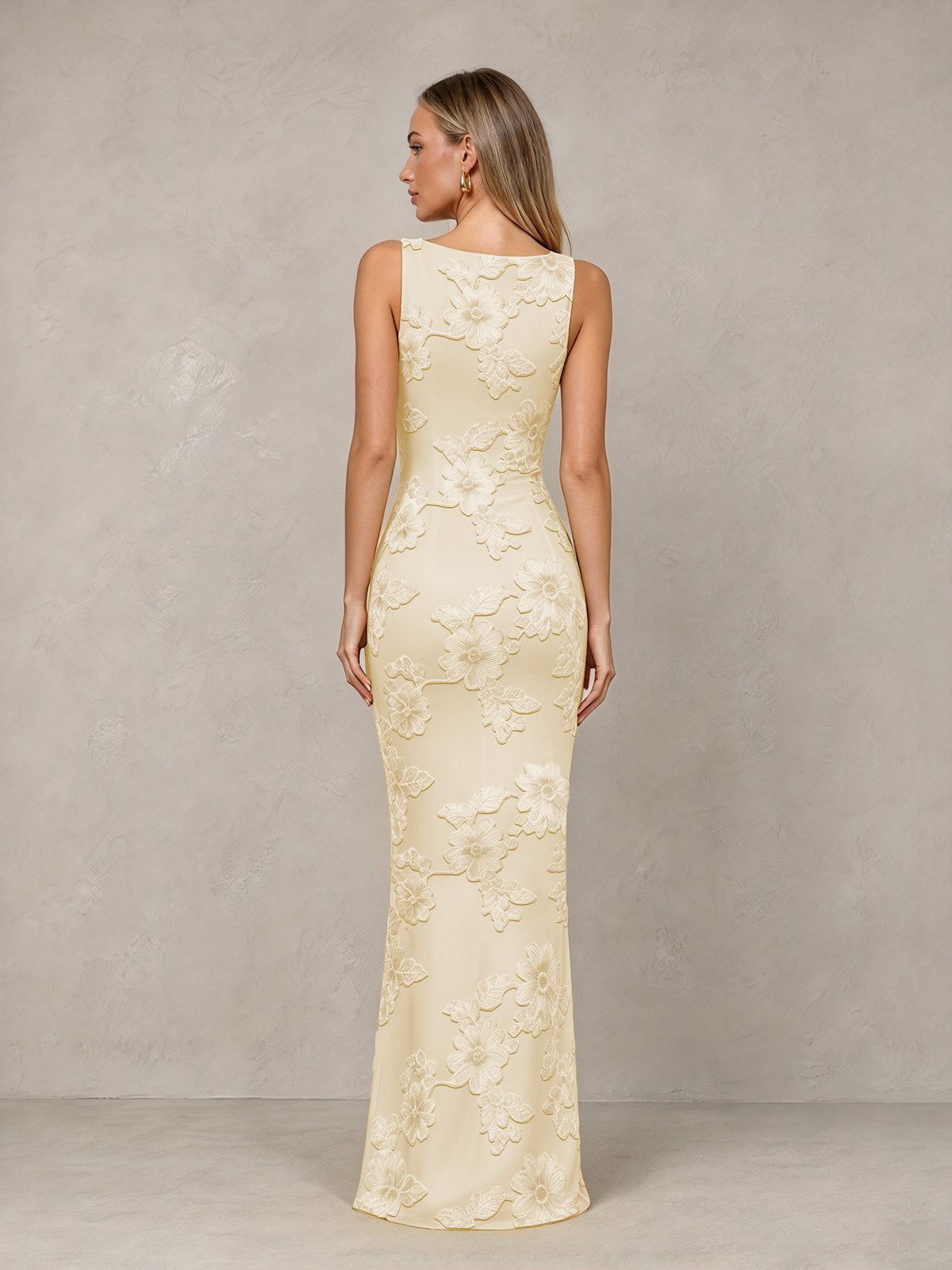 BOLODOO Champagne Floral Sleeveless Maxi Wedding Guest Dress - Champagne - Champagne(2)