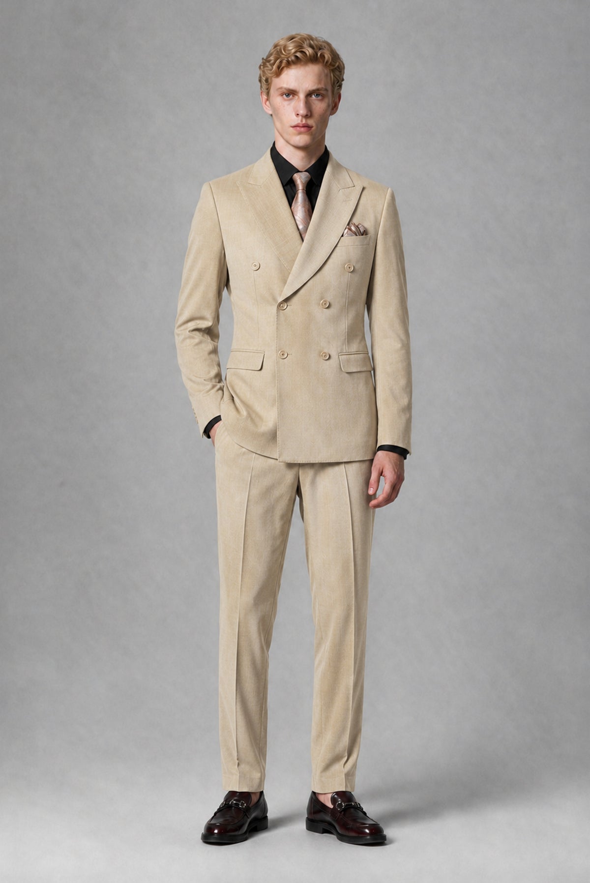 BOLODOO Men's Champagne Double-Breasted Two-Piece Suit – Jacket & Trousers - Champagne