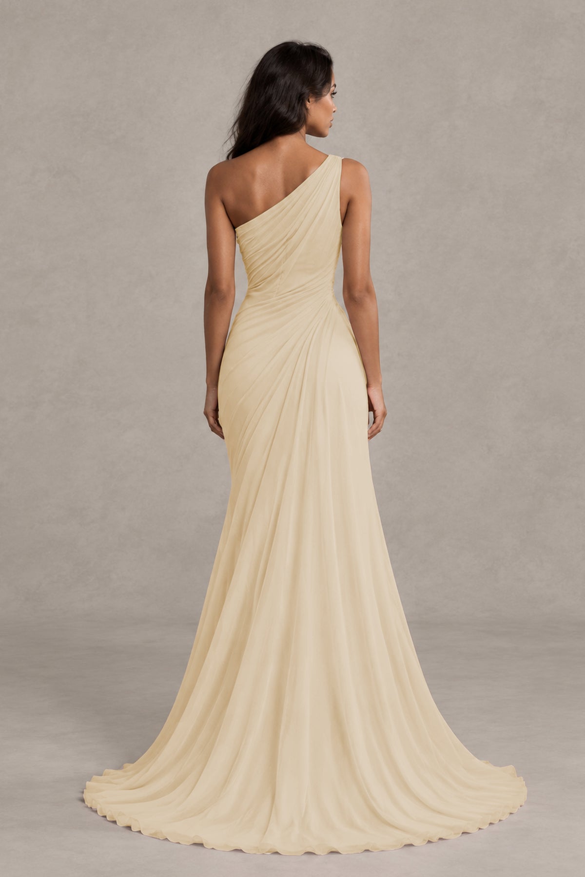 BOLODOO Champagne One-Shoulder Floral Ruched Maxi Dress - Champagne