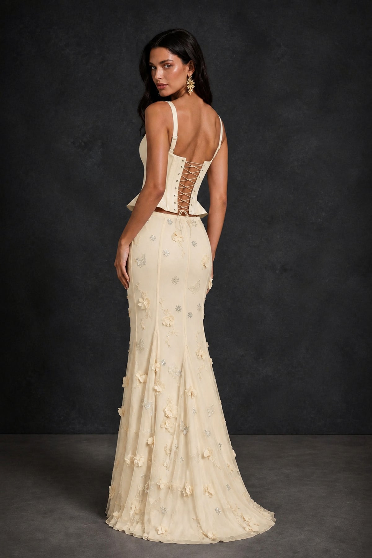 BOLODOO Champagne Peplum Corset Top & 3D Floral Mermaid Skirt Two-Piece Set – Lace-Up Back Formal Gown - Champagne