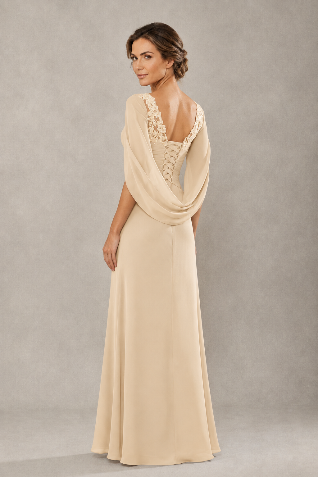 BOLODOO Champagne Chiffon V-Neck Lace Applique Cape Sleeve Cascade Ruffle Lace-Up Back Sheath Maxi Evening Dress - Champagne