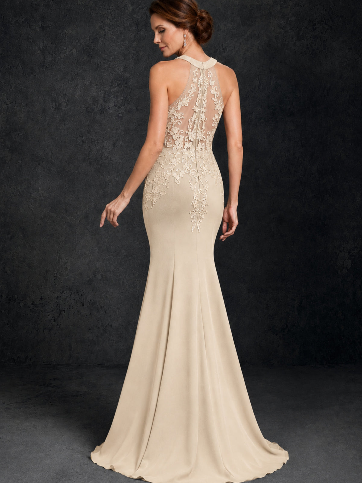 BOLODOO Champagne Lace Applique Halter Neck Sheer Back Mermaid Maxi Dress with Sweep Train - Champagne
