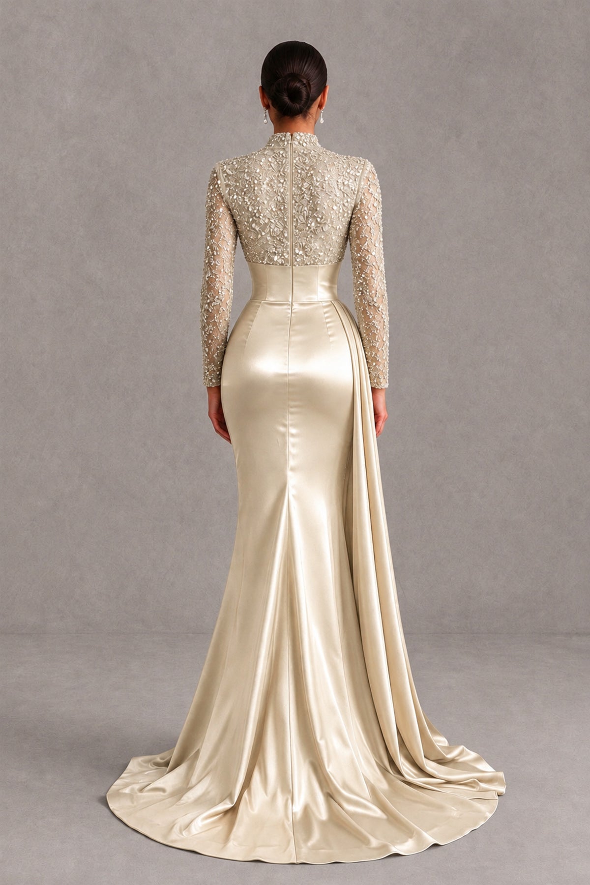 BOLODOO Champagne Long Sleeve Embellished Satin Mermaid Evening Gown - Champagne - Champagne_2