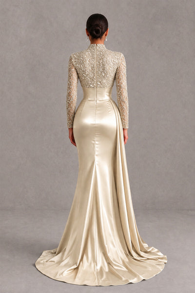 BOLODOO Champagne Long Sleeve Embellished Satin Mermaid Evening Gown - Champagne - Champagne_2