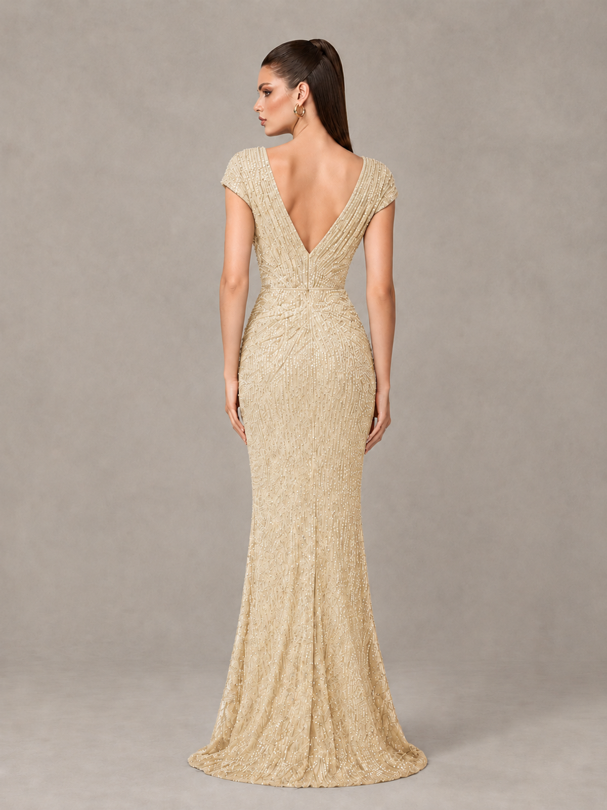 BOLODOO Champagne Glitter V-Neck Cap Sleeve Ruched Mermaid Evening Gown - Champagne - Champagne_2