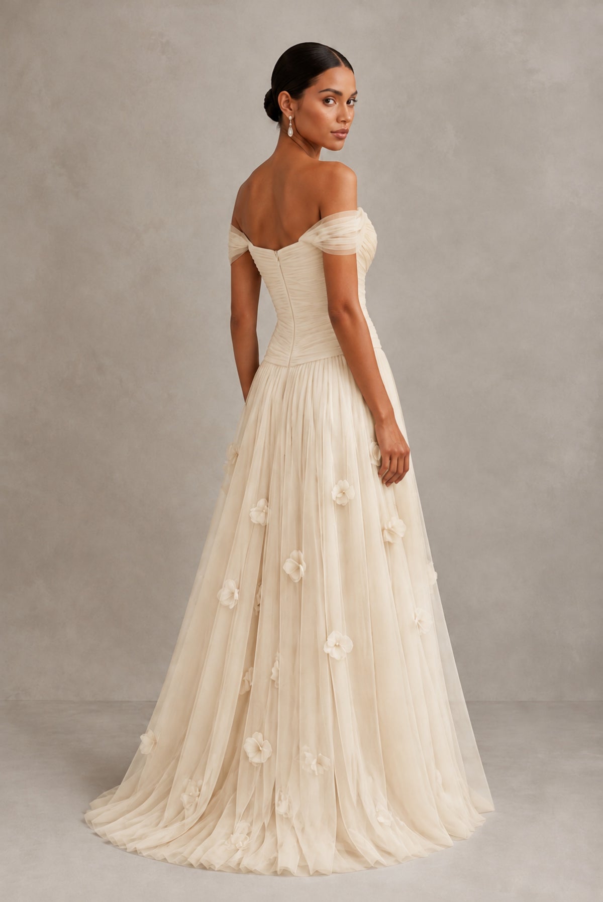 Champagne Off-Shoulder Sweetheart A-Line Tulle Gown with 3D Floral Appliques | BOLODOO - Champagne