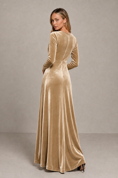 BOLODOO Champagne Velvet Long Sleeve V-Neck Ruched Evening Dress - Champagne - Champagne_2