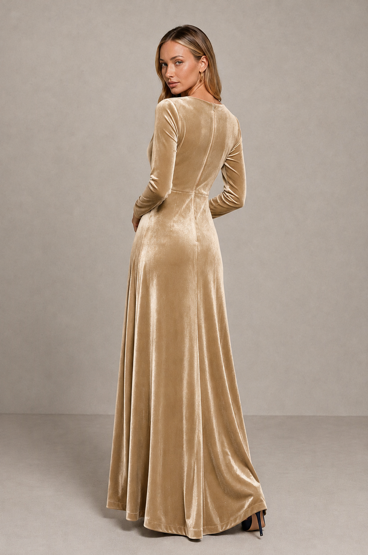 BOLODOO Champagne Velvet Long Sleeve V-Neck Ruched Evening Dress - Champagne - Champagne_2