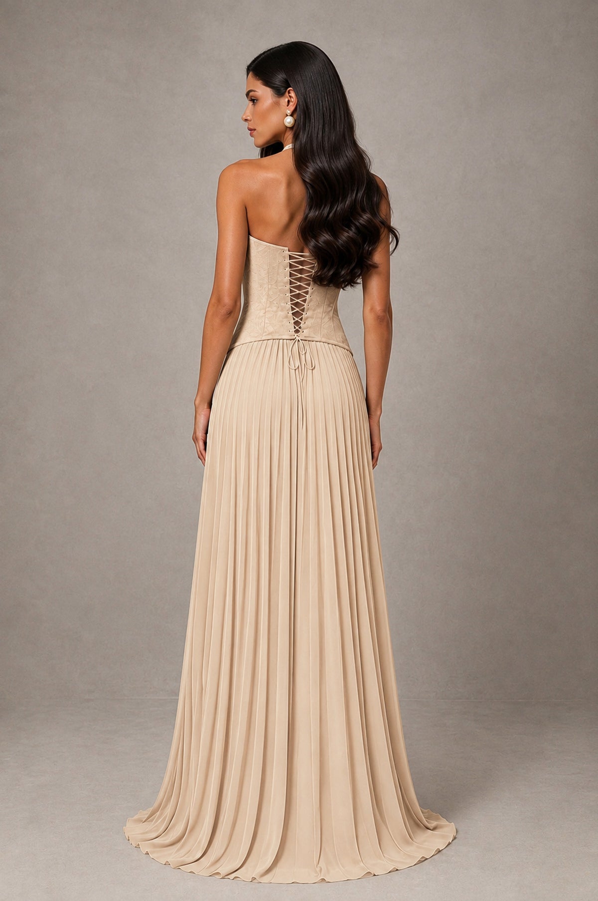 BOLODOO Champagne Halter Corset Pleated A-Line Evening Dress - Champagne - Champagne_2