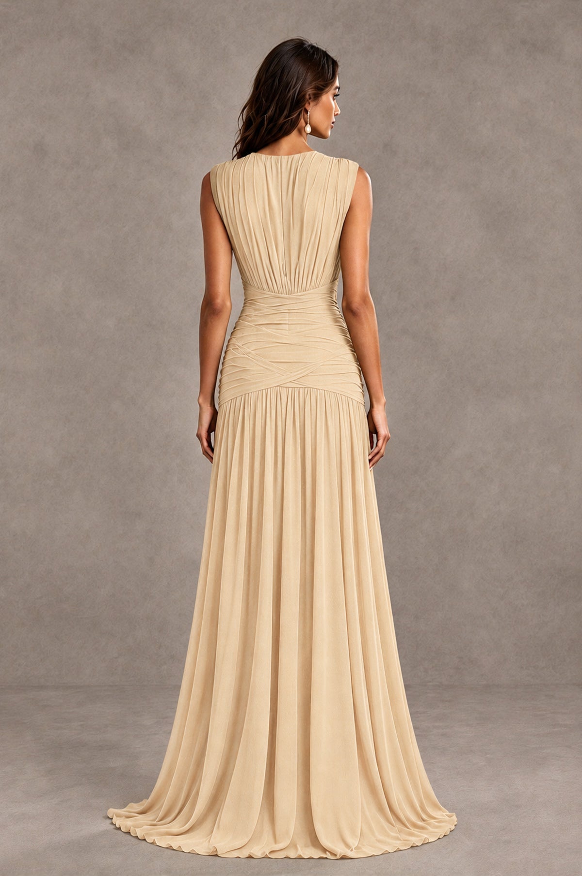 BOLODOO Champagne V-Neck Ruched Wedding Guest Dress - Champagne - Champagne_2