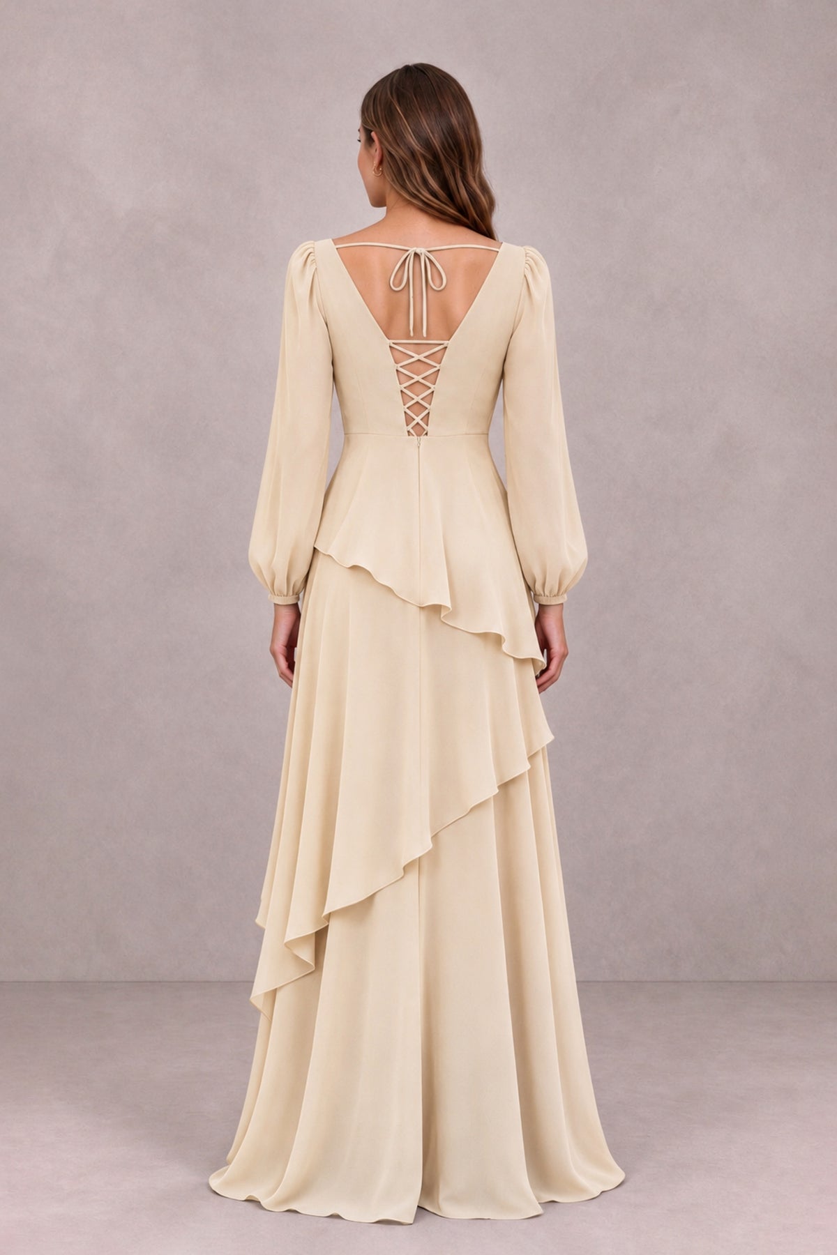 BOLODOO Champagne Long Sleeve Ruffle Bridesmaid Dresses - Champagne - Champagne_2