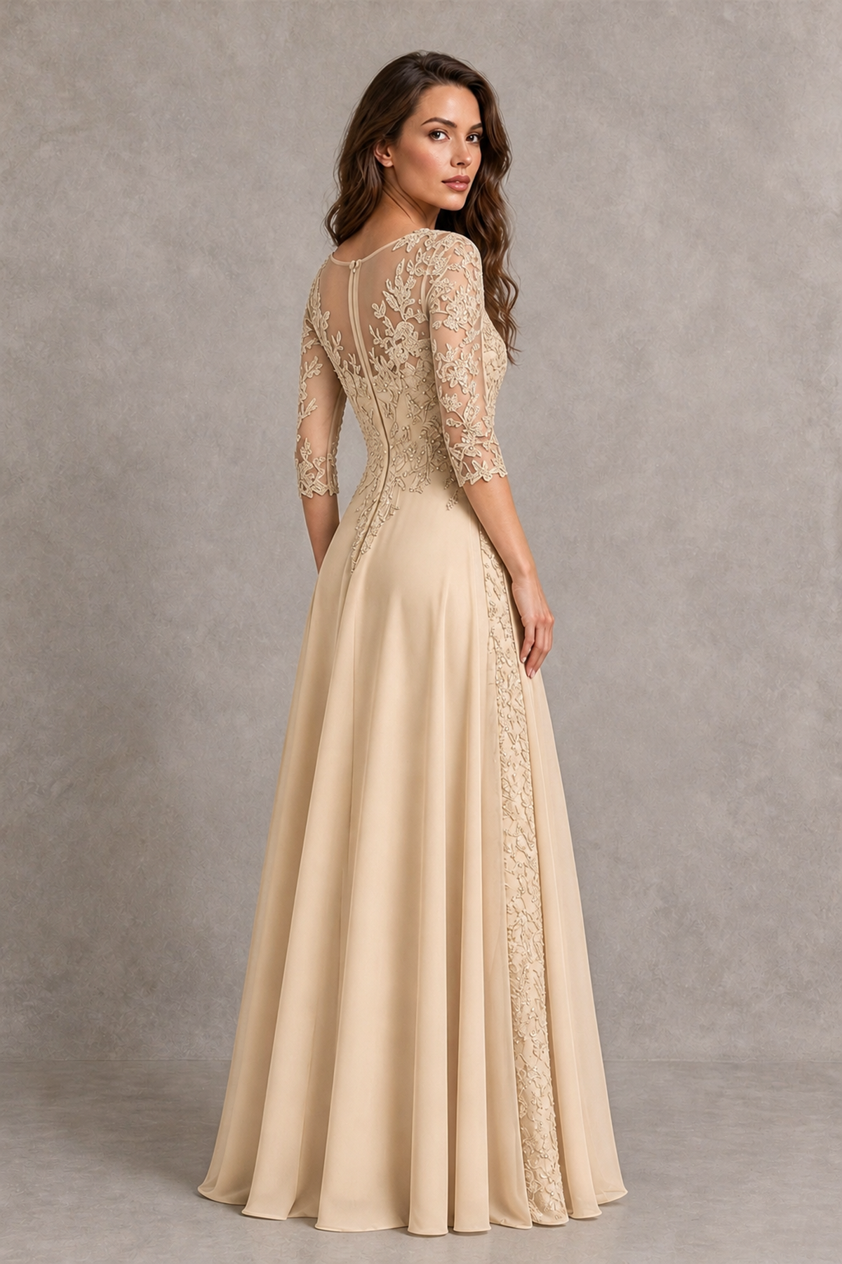 BOLODOO Midnight Champagne Beaded Lace Appliqué Chiffon A-Line Gown | Mother of the Bride & Formal Evening Dress - Champagne - Champagne_2