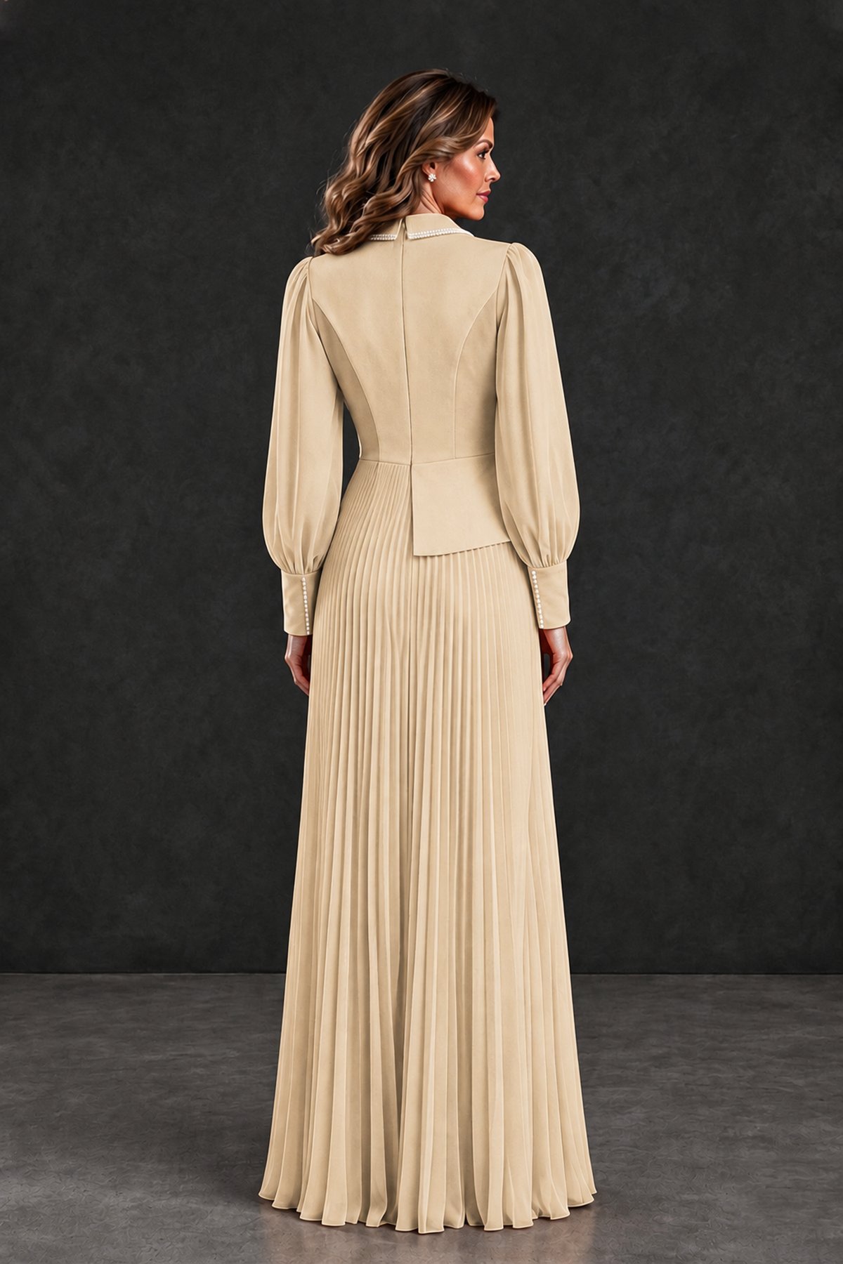 BOLODOO Champagne Long Sleeve Pleated Mother of the Bride Dress - Champagne - Champagne_2