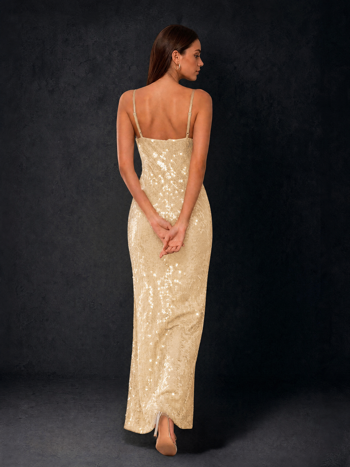 BOLODOO Bronze Sequin Cowl Neck Spaghetti Strap Mermaid Maxi Dress with Open Criss-Cross Back - Champagne - Champagne