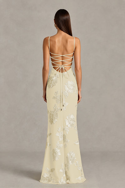 BOLODOO Champagne Floral Lace-Up Back Mermaid Maxi Dress - Champagne