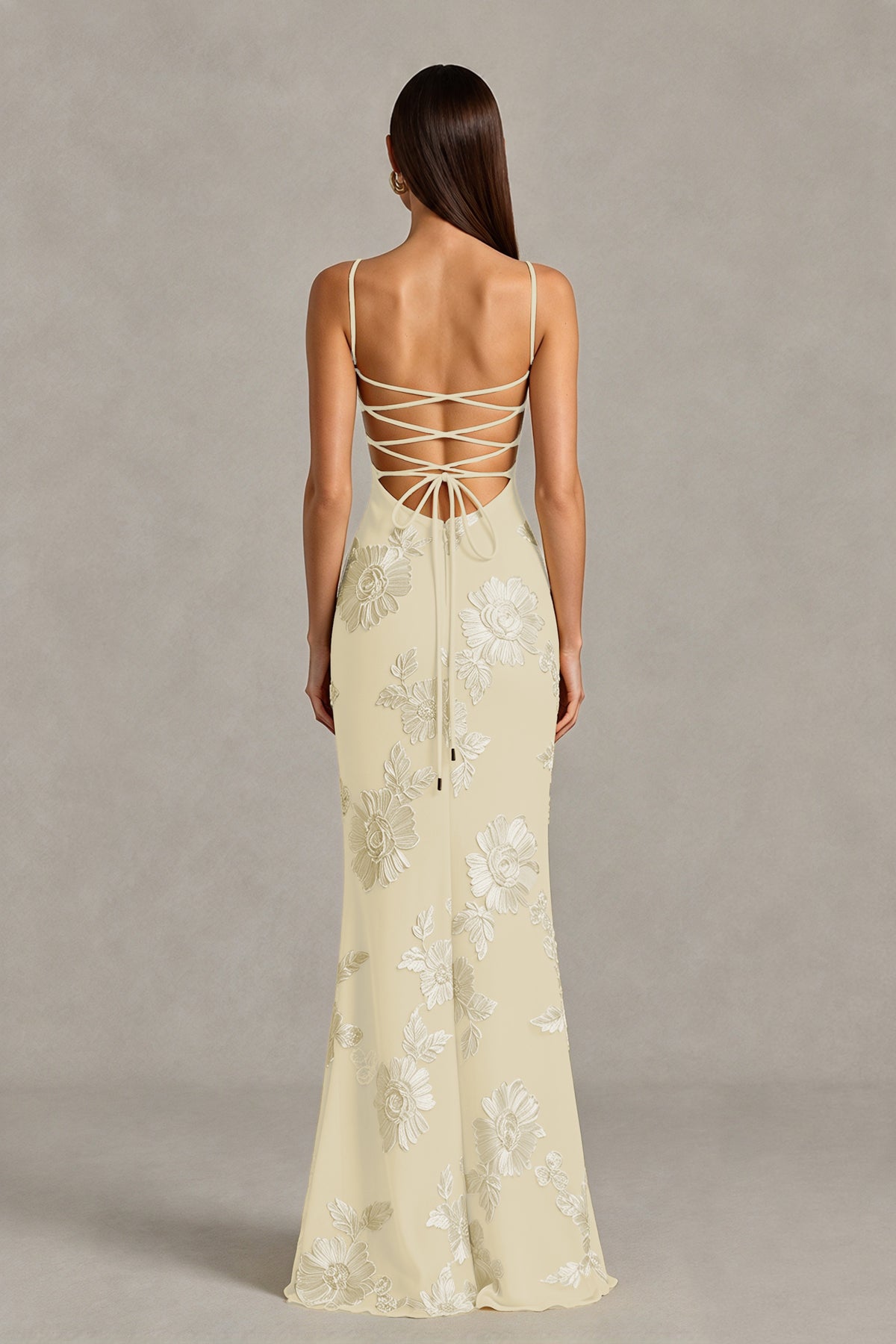 BOLODOO Champagne Floral Lace-Up Back Mermaid Maxi Dress - Champagne