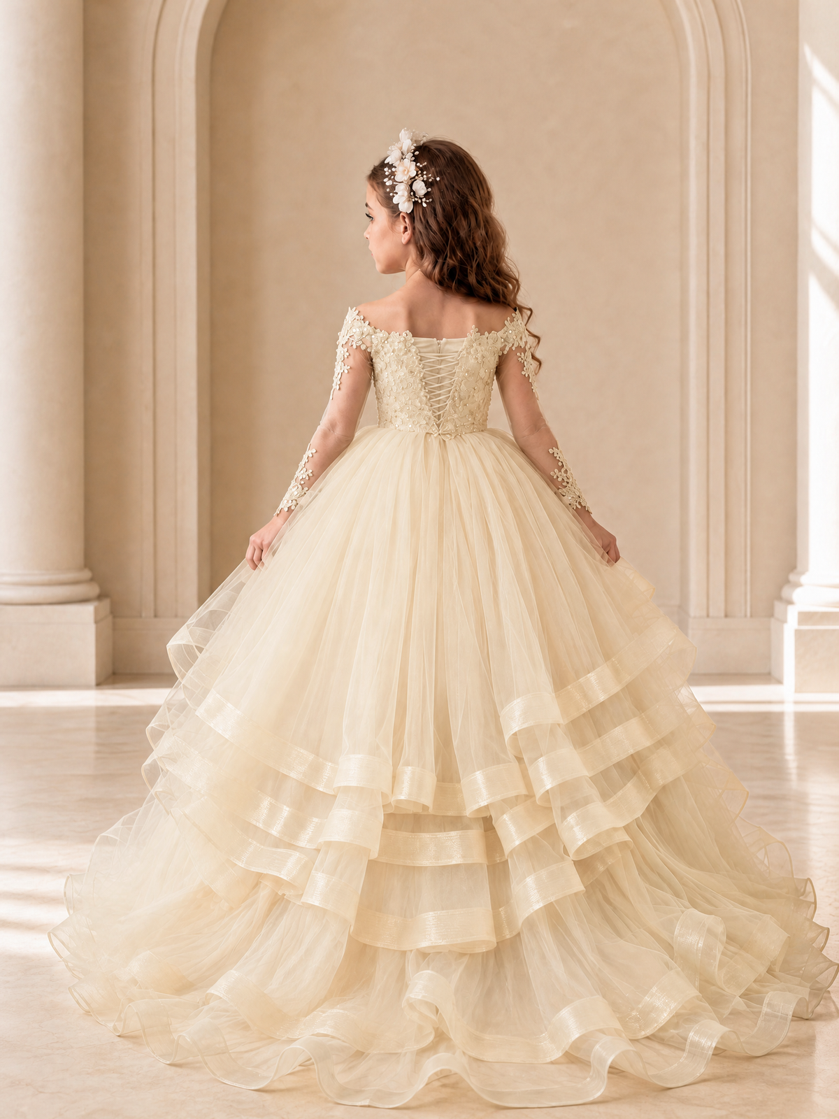 BOLODOO Champagne Lace Long Sleeve Tiered Flower Girl Dress - Champagne - Champagne_2